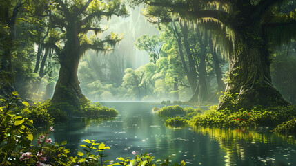 Beautiful fantasy land with lake and giant trees