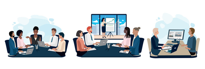 A business meeting. Business men and women conference and discuss profit, business ideas and development strategy. Set of vector business illustrations in flat style.