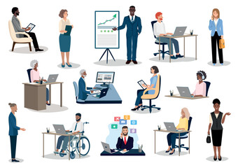 Vector set of business people. Business men and women meeting and discussing profits, business ideas, development strategy and working in the office. Business illustrations in flat style - 790034402