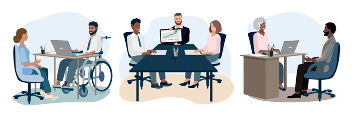 A business meeting. Business men and women conference and discuss profit, business ideas and development strategy. Set of vector business illustrations in flat style. - 790034406
