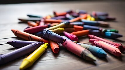 :A set of brightly-colored crayons scattered across a table, inspiring creativity and artistic expression -

 - obrazy, fototapety, plakaty