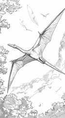 Dinosaurs: A coloring book illustration of a Pteranodon flying gracefully in the sky