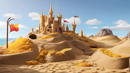 :A sandbox filled with mounds of golden sand where children can build castles and dig tunnels