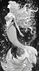 Fairy Tales: A coloring book illustration of a magical mermaid with a shimmering tail