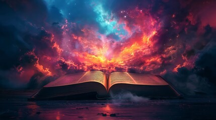 A large open book opens up a world of words and fantasy, against the background of a sunset sky with huge dark fiery clouds