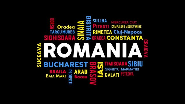 Animation of Romania text with various city names