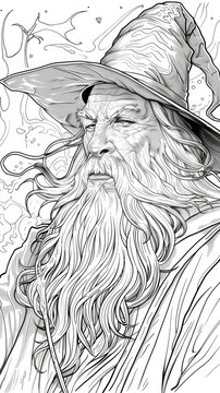 Fairy Tales: A coloring book page featuring a wise old wizard with a long beard and pointy hat