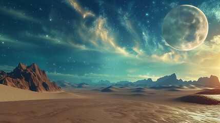 A desolate landscape with a large moon in the sky. The sky is filled with stars and the moon is the only bright object in the scene. The sce is peaceful and serene, as the vast emptiness of the desert