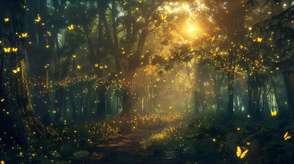Beautiful forest fantasy world with glowing insects