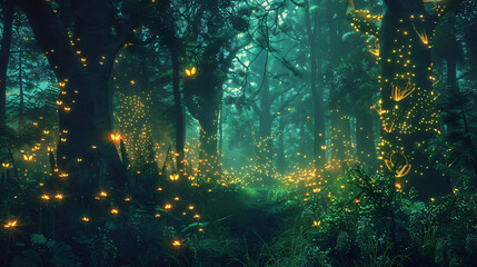 Fototapeta na wymiar Beautiful forest fantasy world with glowing insects