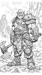 Fantasy: A coloring book page featuring a fierce orc warrior wielding a massive axe