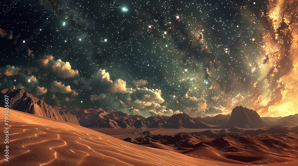 Poster a desolate landscape in the sky. the sky is filled with stars is the only bright object in the scene