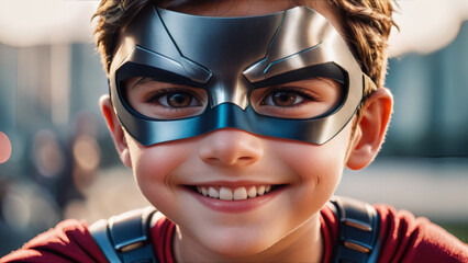 Close up Smile kid wear superhero eye mask - obrazy, fototapety, plakaty