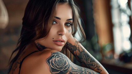 Beautiful woman with full body tattoos looking 