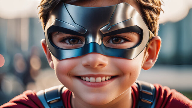 Close up Smile kid wear superhero eye mask