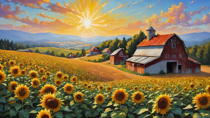 Sunflower Farm field Under Bright Sunny Summer Sky - obrazy, fototapety, plakaty
