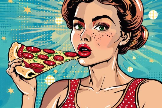 Retro-styled woman biting slice of pepperoni pizza, vibrant pop art illustration with dotted backdrop
