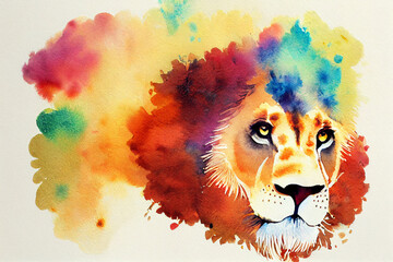 Watercolor lion illustration, colorful splashes abstract painting of wild animal, cute cartoon art