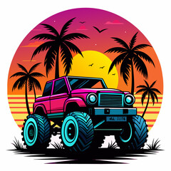 Vector art of synthase 4WD Monster Truck with pal trees and sunset, white background