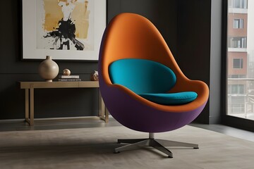 In a bohemian-style modern living area, a futuristic chair cocoonWith an avocado-shaped multicolored chair, the interior design is sleek and modern. a minimalist layout with copy room