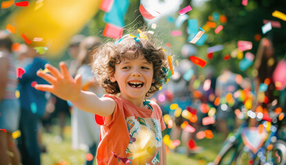 a young child playing with colorful paper at an outdoor party in the park, laughing and smiling as they hold out their hand to catch flying papers.