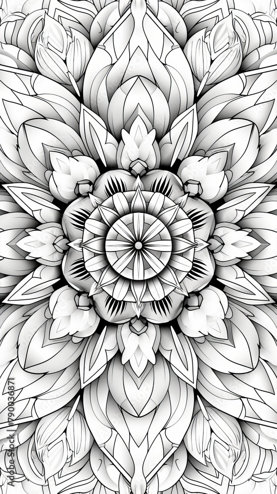 Poster mandala coloring book (grayscale): a mandala design featuring geometric patterns and repeating shape