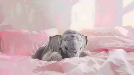 A very cute little elephant lies on a pink bed. Image of a cute, minimalist watercolor style....