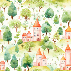 Watercolor Fairytale Castle Pattern. A charming seamless pattern illustration featuring whimsical castles and evergreen trees. The castles have red roofs and tall towers, and lush green foliage.
