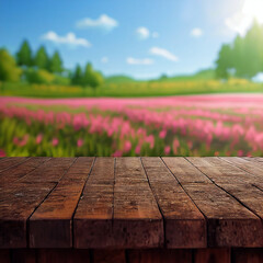 Wooden Table in Front of Field of Flowers 3d illustration. Table is made of weathered wood and has a rustic charm. The field of flowers is in full bloom, with a variety of colors on display