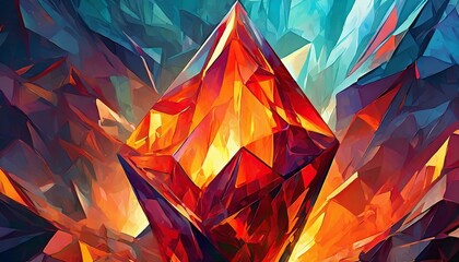 Develop an image showcasing a fiery, abstract crystalline structure with sharp geometric shapes. Use a palette of deep reds - obrazy, fototapety, plakaty