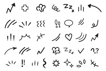 Line movement effect element, cartoon emotion effect decoration icon. Hand drawn cute doodle line element arrow, emphasis, shock, sparkle. Anime movement
