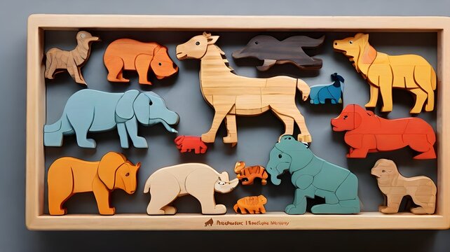 :A wooden puzzle featuring various animal shapes that fit snugly together when solved - 
