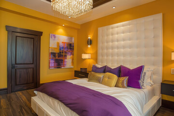 Sleek and modern bedroom with sleek white headboard, wooden floors, wall sconces for lighting, vibrant purple pillows on the bed, contemporary art piece above it, warm yellow walls
