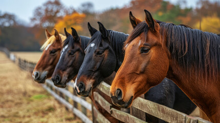 Obraz premium Row of Horses with Diverse Coats Standing Together at Fence in Countryside