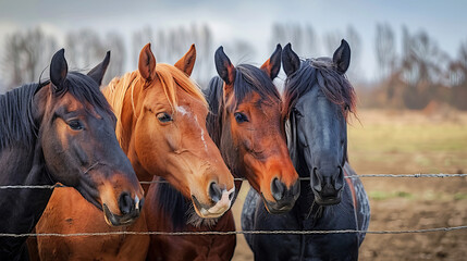 Row of Horses with Diverse Coats Standing Together at Fence in Countryside