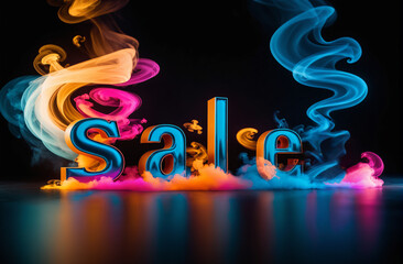 hot sale, text sale in clouds of multi-colored smoke on the background, design for poster, banner