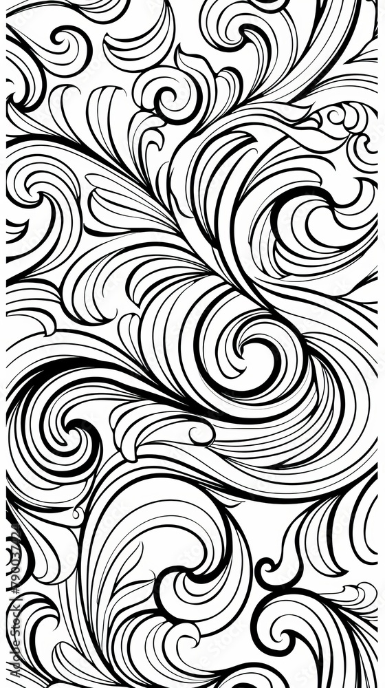 Poster patterns: a coloring book page featuring an abstract swirl pattern, with elegant curves and loops