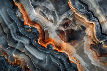 Background of a luxury precious stone resembling agate patterns with blue, fiery orange and white veins - obrazy, fototapety, plakaty