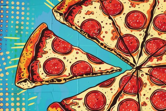 Pop art pizza with a slice apart, vivid colors on a polka-dot and striped background