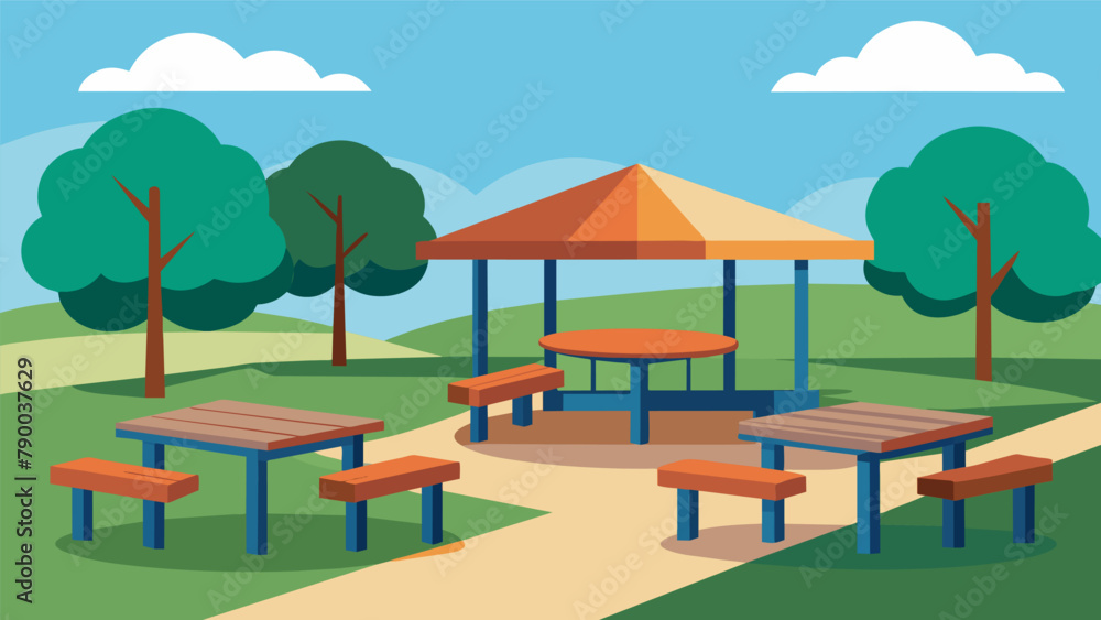 Aufkleber a park with picnic tables that have extended overhangs providing ample space for individuals using w