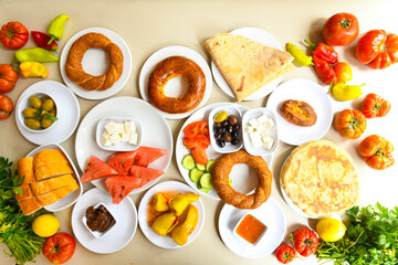 Turkish pastry product , tasty pogaca. Simit, gevrek. Turkish Pastries; peynirli, patatesli, kasarli pogaca, borek, acma, ay coregi at patisserie showcase.