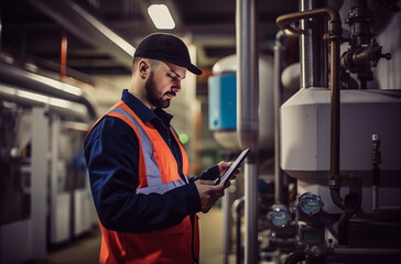 An engineer inspects of water supply systems, gas supply, equipment. Safety industry worker checks machinery and construction