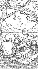 People: A coloring book illustration of a family having a picnic in a park, with a picnic basket