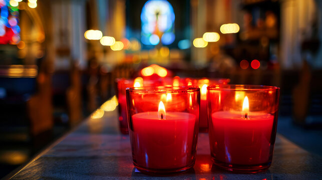 Array of Red Candles Casting a Warm Glow in the Tranquil Ambiance of a Church