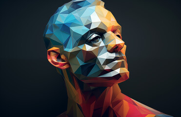 Polygonal portrait of an intelligent modern man, abstract concept of technology progress, geometric background