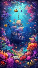 Place: A delightful coloring book page showcasing a whimsical underwater scene, with colorful coral reefs