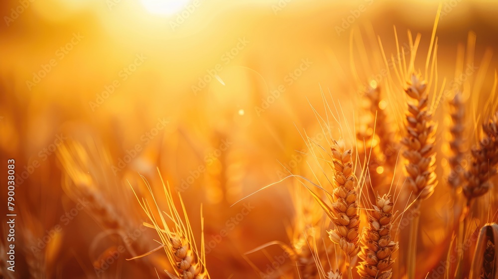 Poster golden sunset illuminating a wheat field and close up of wheat ears with shallow depth of field capt