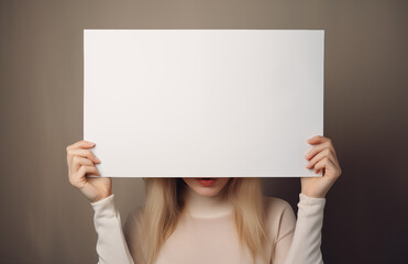 A woman holding a blank white poster in front of her face. Empty paper banner in girls hands, she hides behind it.