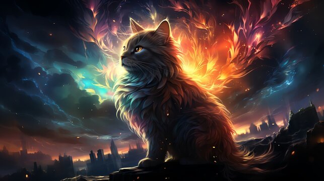 Magical illustration of a Unicat prancing across a sparkling rainbow, its colorful tail trailing vibrant hues, perfect for childrens fantasy book covers