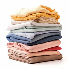 Neatly Folded Pile of Clean Clothes. The crisp fabrics, in a variety of colors and sizes, are stacked perfectly on a clean white background. This image is ideal for advertising laundry detergents